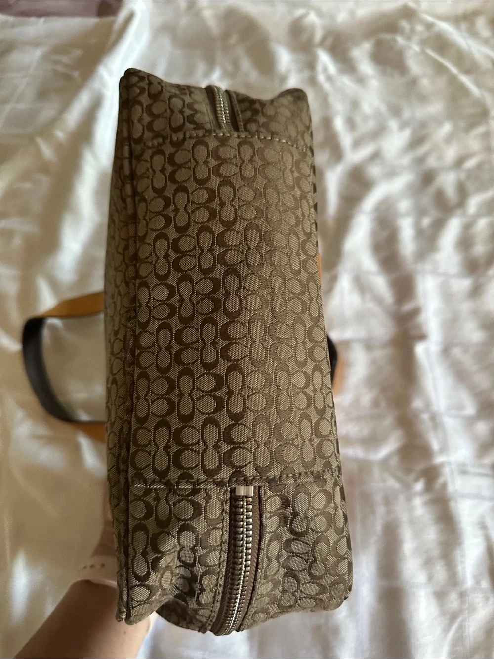 Coach Brown Signature Cosmetic/Travel Bag with Leather Trim